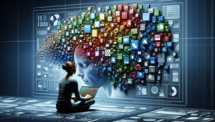 A person organizing a vibrant collage of articles, images, and videos on a digital board, symbolizing content curation.