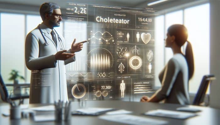 A doctor discussing cholesterol test results with a patient using a chart in a modern medical office.