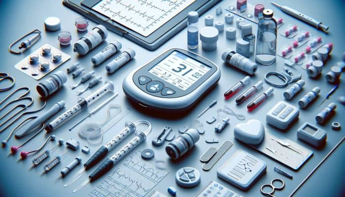 Diabetes Blood Test in Bury St Edmunds: A medical setup with glucose meters, test strips, lancets, and a blood sugar level chart on a clinical table.