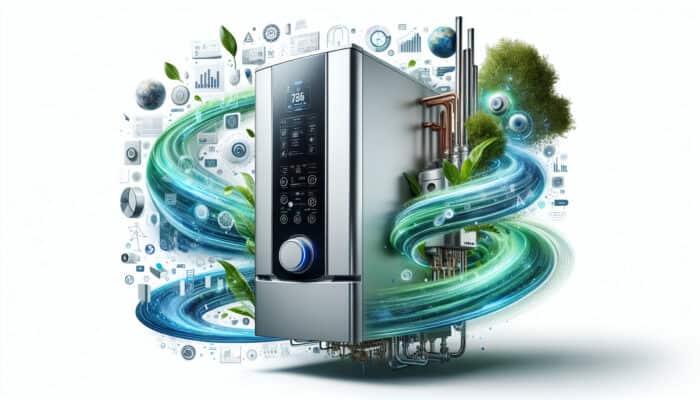 Modern eco-friendly boiler with smart controls and digital interface, surrounded by blue and green energy swirls.