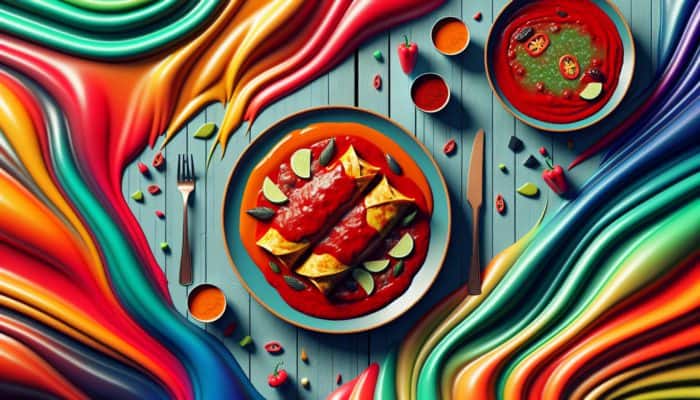 Two plates of enchiladas with red chili and green tomatillo sauces, enhancing flavors.