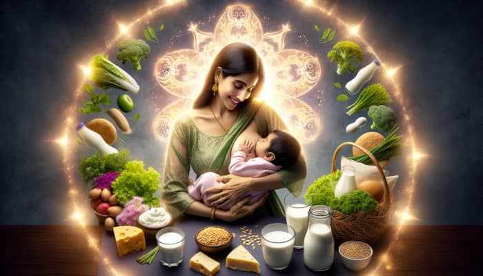 Nutrition for Breastfeeding Mothers: A breastfeeding mother surrounded by calcium-rich foods like dairy, leafy greens, and fortified cereals.
