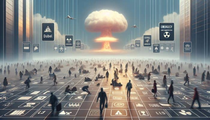 People evacuating and taking shelter post-nuclear event, following routes and signs, with a distant mushroom cloud.