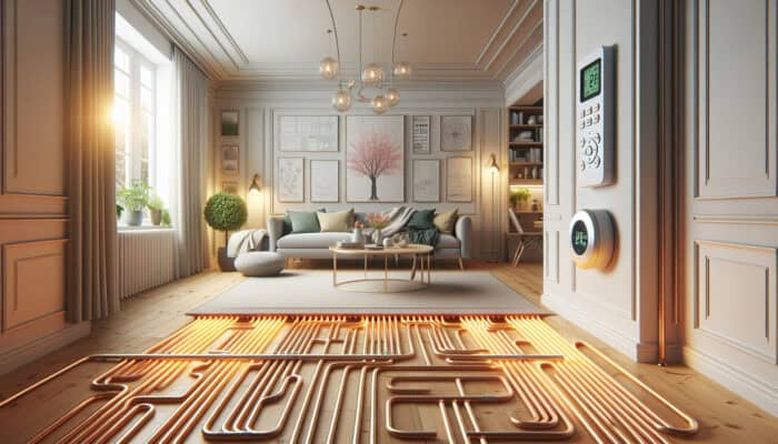 Hydronic Radiant Floor Heating Services in Vancouver: Modern home with hydronic radiant floor heating; warm water in PEX tubes under wooden floor, thermostat on wall.