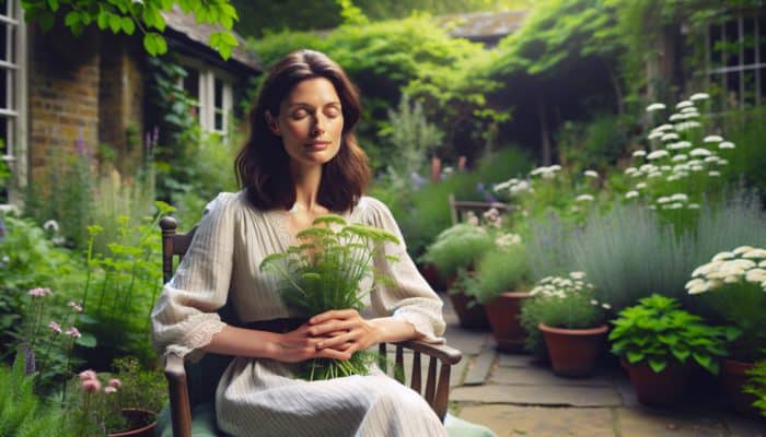 34-year-old woman in a serene UK garden, holding feverfew, smiling with relief from fewer migraines.