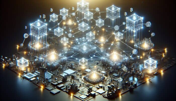 A glowing network of nodes and chains representing blockchain technology with transparent, secure data transactions and smart contracts.