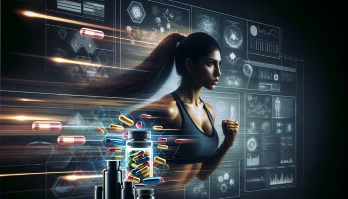 Pre-workouts in Morning Routines: A person in a gym with energy supplements, focused and ready for an intense workout.