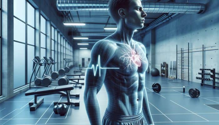 Person in gym feeling jitters, anxiety, and insomnia from morning pre-workout supplement.