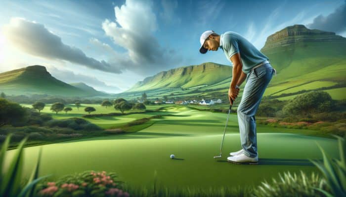 A South African golfer mentally rehearsing successful putts on a lush green course, boosting confidence.