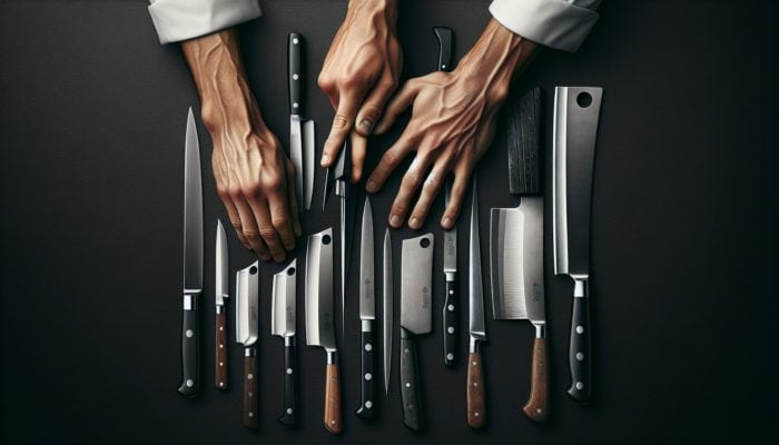 A chef sharpening various knives, including a yanagiba and cleaver, at different angles.
