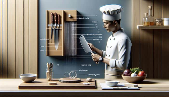 Chef honing a kitchen knife on a steel rod in a well-organized kitchen with knife storage options.
