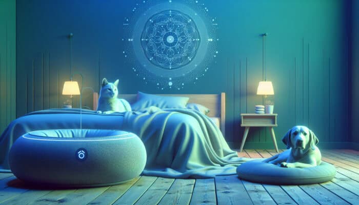 Bluetooth Speakers for Calming Pet Music: A serene bedroom with a pet bed, Bluetooth speaker playing soft music, and relaxed dog and cat in calming colors.