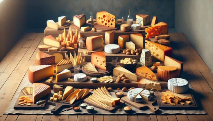 Smoked hard cheeses like cheddar, gouda, and gruyère on a rustic table, contrasted by melting soft cheeses.
