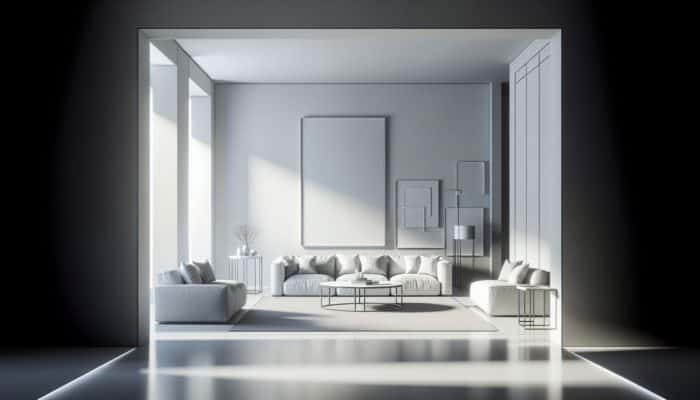 A minimalist room showcasing a streamlined aesthetic with clean lines, monochrome colors, and balanced furniture layout.