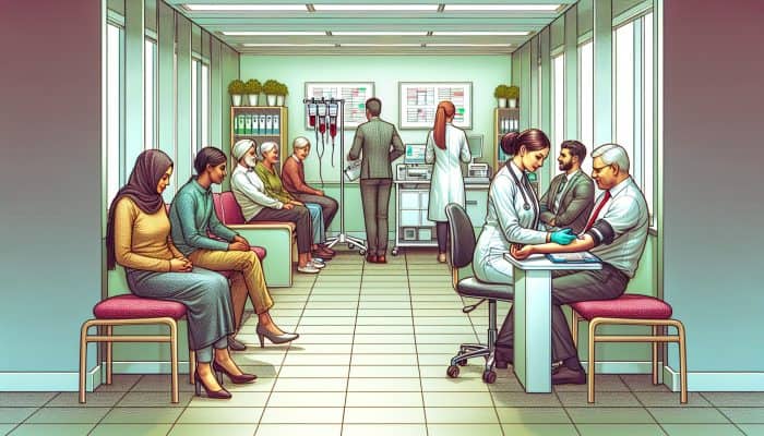 Modern medical facility in Buxton with testosterone blood testing sign, patients, and lab technician drawing blood.