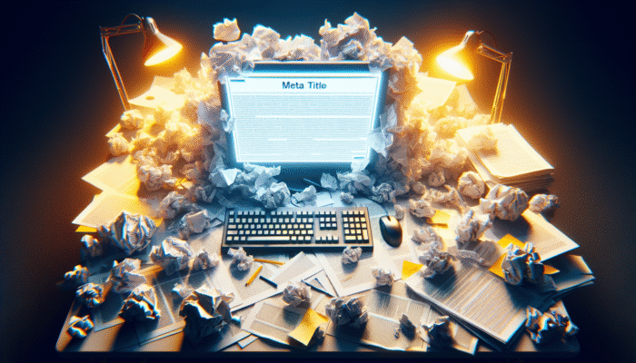 A cluttered desk with a computer showing a generic webpage title, surrounded by papers with long, keyword-stuffed titles, illustrating SEO meta title errors.