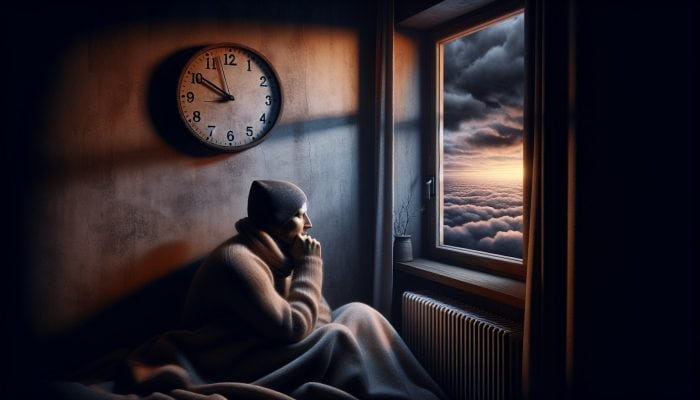 Understanding Seasonal Affective Disorder: A person in a dimly lit room gazes at a cloudy sky, clock showing late afternoon, illustrating Seasonal Affective Disorder.