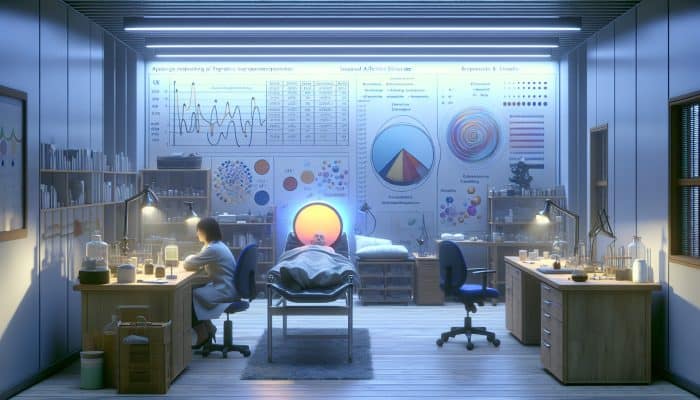 UK lab scene with scientists researching SAD using light therapy and genetic tools, surrounded by data charts.