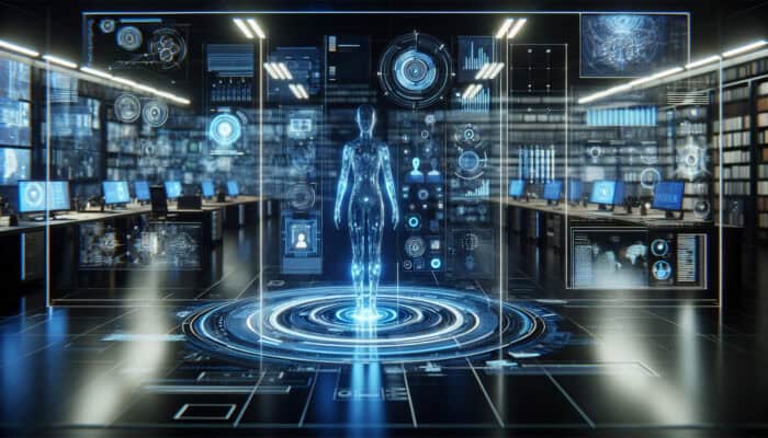 A futuristic virtual assistant guiding a user in a neon-lit office, minimizing errors.