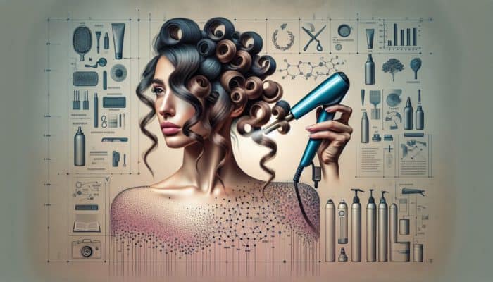 Woman with perfect ringlet curls using a medium-sized curling iron, applying heat protectant, styling dry hair, using minimal products, and setting curls with hairspray.