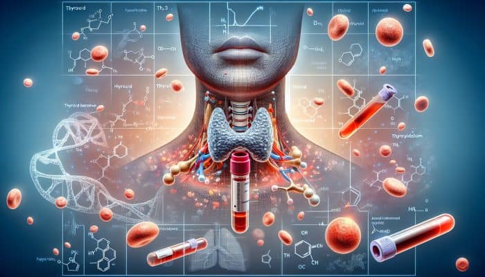 Thyroid Blood Test in Chester: Illustration of thyroid gland with T3, T4, TSH hormones, blood test vial, and charts showing hypothyroidism and hyperthyroidism.