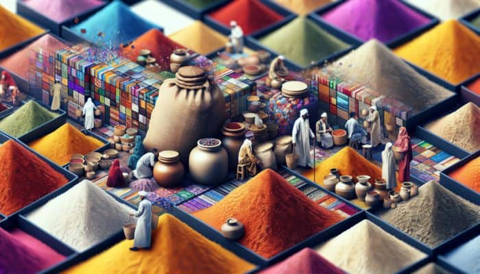 Best Beginner Guide to Spices and Herbs: A vibrant marketplace with colorful jars and sacks of spices like turmeric, sumac, and za'atar, showcasing their rich hues and textures, with diverse people exploring and trading.