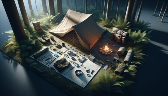 A lightweight, portable tarp shelter in a dense forest, set up by a survivalist.