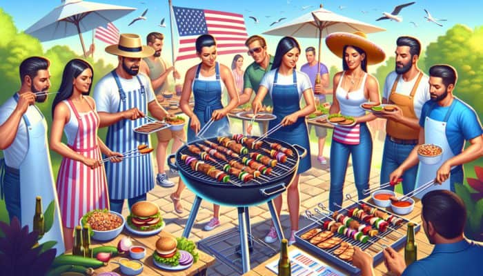 American BBQ scene featuring Grilljoy and BBQ Pro smart skewers, adjustable and sturdy, enhancing grilling experience.