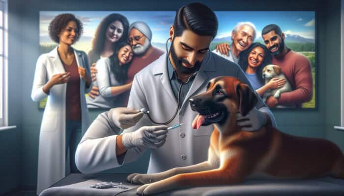 Veterinarian inserting a microchip into a dog, with happy pet reunions in the background.