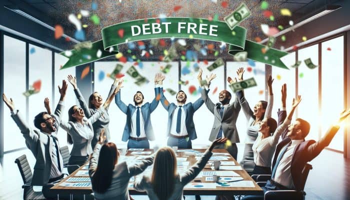 Financial experts celebrating debt consolidation success with confetti and a "Debt Free!" banner.