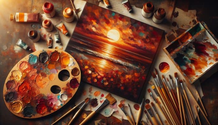 A painter's palette with copper hues blending into fiery accents, brushes, and a sunset canvas.