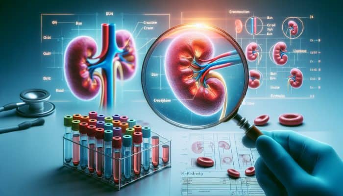 Kidney Blood Test in Chesterfield: Illustration of kidney blood test analyzing creatinine, BUN, and electrolytes, with kidney diagram.