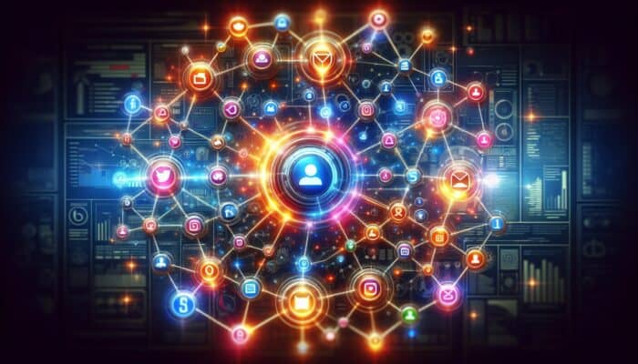 A digital collage of social media icons linked to a website, illustrating backlink generation.