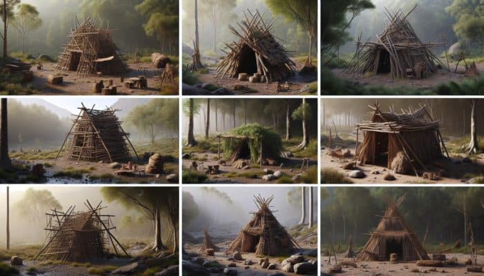 Primitive Shelter Designs: A collection of primitive shelters made from natural materials in various environments, showcasing simplicity and adaptability.