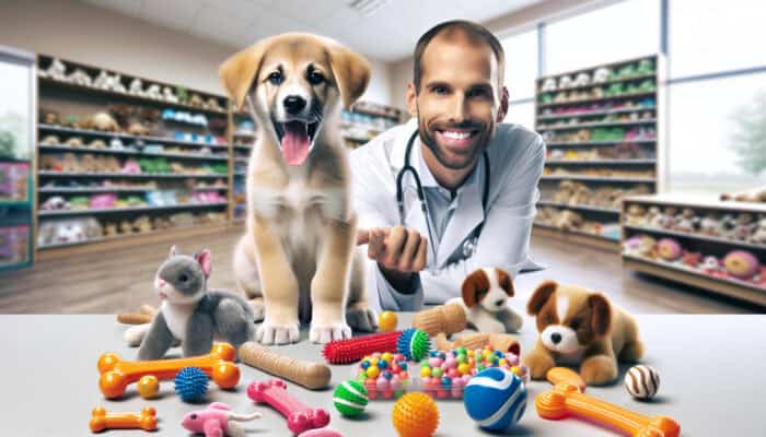 A playful puppy with colorful teething toys, a vet pointing at safe options in a pet store.