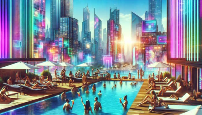 Groups enjoying colorful cocktails and the sun at The Pool at The Cosmopolitan, overlooking the vibrant Las Vegas Strip.