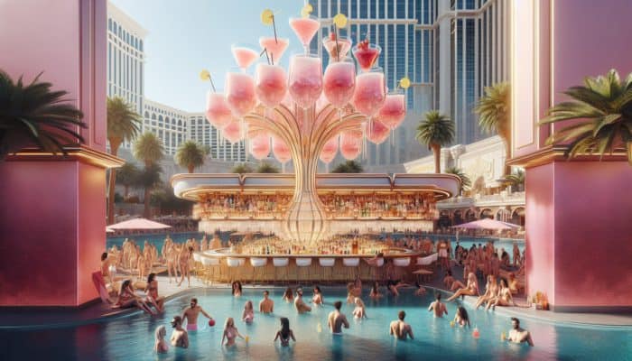Poolside at The Cosmopolitan with people enjoying Frosé, The Chandelier in background serving Chandelier 75.