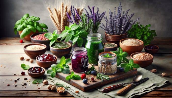 Jars of mint and lavender herbal jams on a rustic breakfast table with fresh herbs and whole grains.