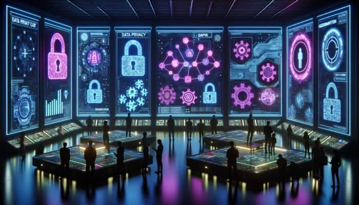 A futuristic control room showing GDPR, CCPA, and tech workers struggling with personalization challenges.