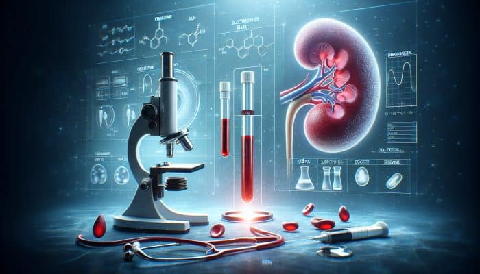 Illustration of a blood sample analysis for kidney function, showing creatinine, BUN, electrolytes, eGFR, with a kidney and diagnostic tools.