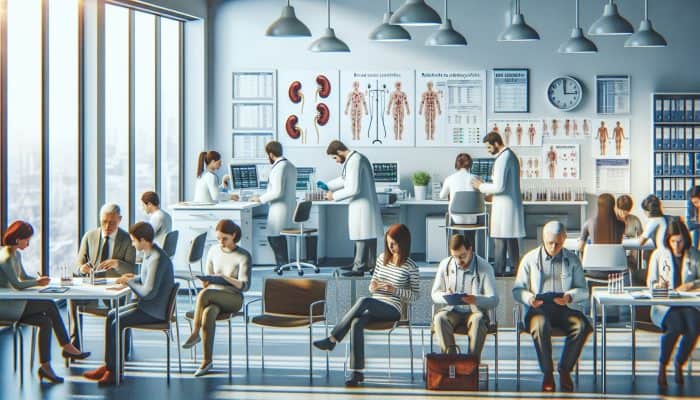 GP practice in Ashton-under-Lyne with patients waiting for kidney blood tests, GPs reviewing results and discussing care plans.