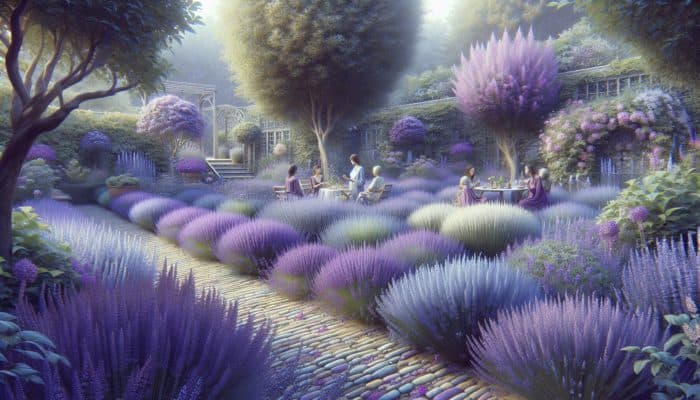 A serene English garden with blooming lavender plants, people enjoying tea and essential oils for relaxation.