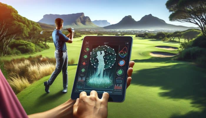 A South African golf pro using a swing analysis app on a tablet, viewing real-time swing feedback on a golf course.