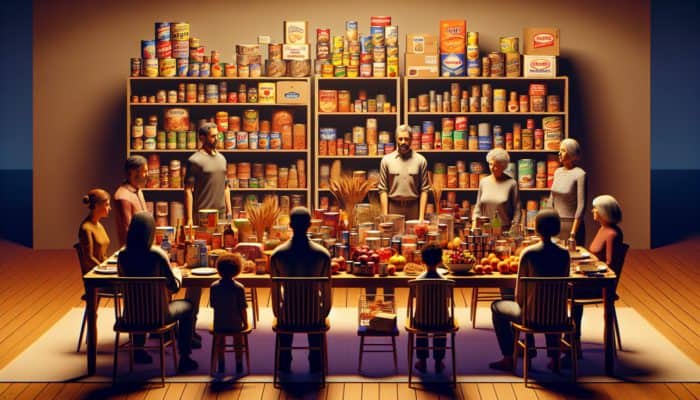 Power Outage Survival: Family preparing for power outage with non-perishable foods on table in dimly lit room.