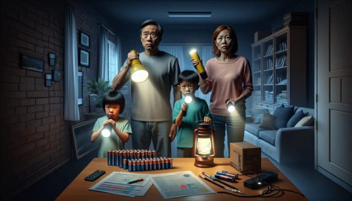 Family using flashlights and lanterns to navigate home safely during power outage, with batteries on table.