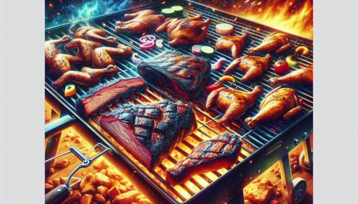 BBQ scene with brisket cooking low and slow, chicken and pork grilling hot and fast.