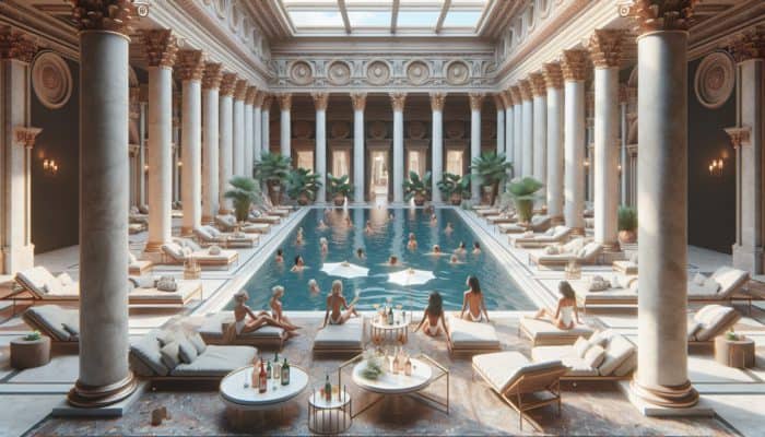 Luxurious Roman-inspired pool lounge at Caesars Palace with elegant columns and chic sunbathers enjoying cocktails.