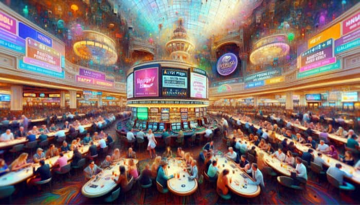 All-inclusive day pass holders enjoying drinks and gourmet meals in a lively Las Vegas casino with happy hour signs.