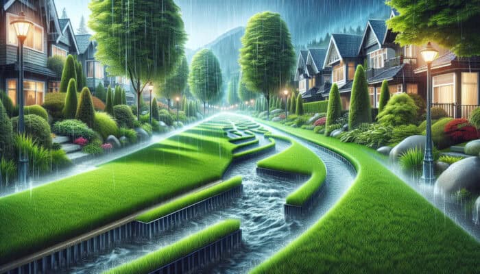Lawn Drainage Services in Kitsilano Vancouver: A lush Kitsilano lawn under heavy rain, effectively drained to prevent pooling and erosion.