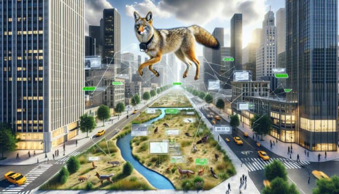 Urban predators tracked with GPS collars and camera traps in a cityscape, showing movement and behaviors.